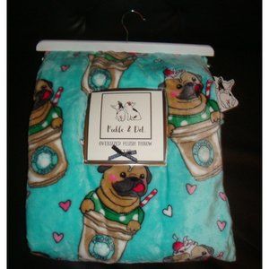 Pickle & Dot 60x70" Oversized Throw Blanket Blue with Dog Pug Pugguccino Coffee